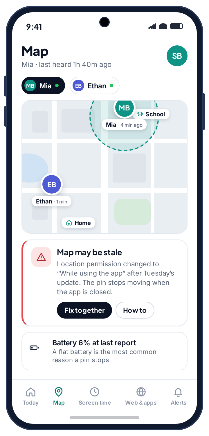 The map warning that location permission dropped to “While using the app”, with a Fix together button and the last battery reading