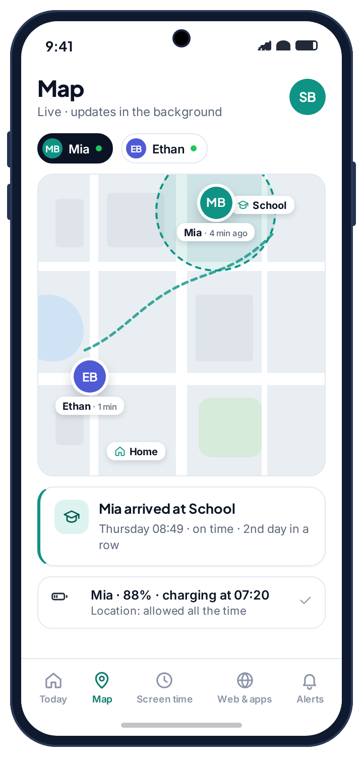 Live family map with two children, a saved School geofence and today’s trail