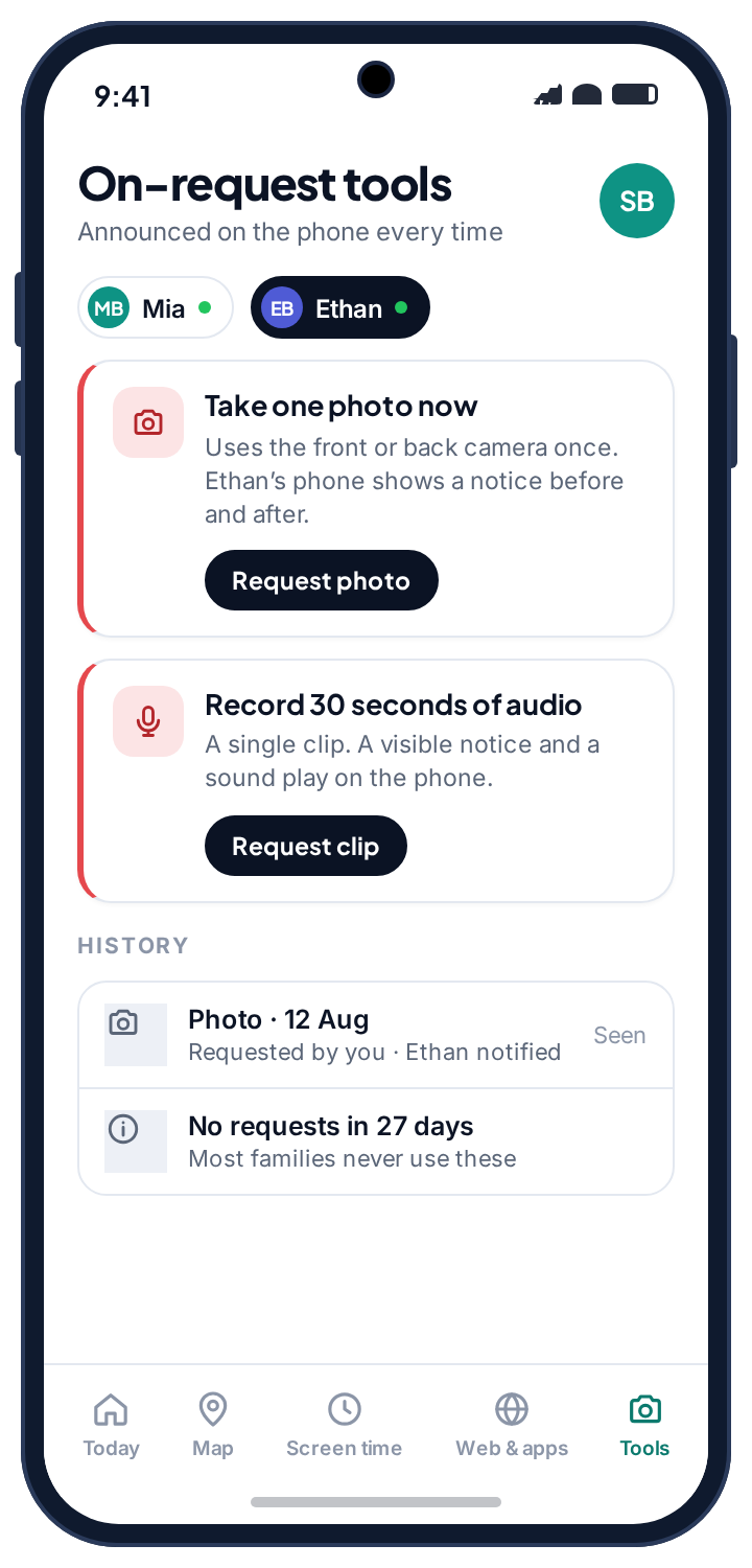 On-request tools: take one photo now, record thirty seconds of audio, and a history showing no requests in 27 days