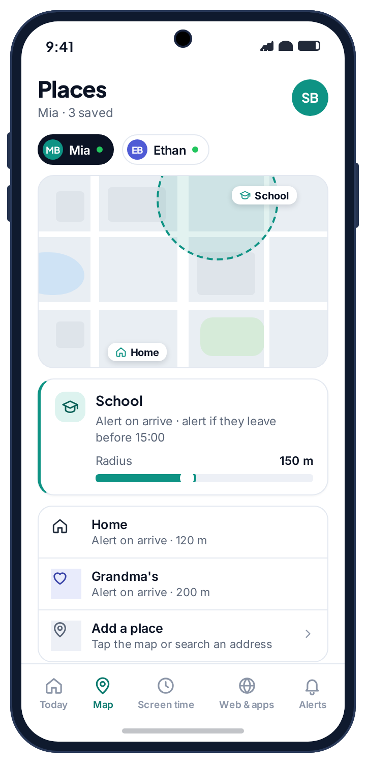 The Places screen: School with a 150 m radius and arrive/leave alerts, Home and Grandma’s saved