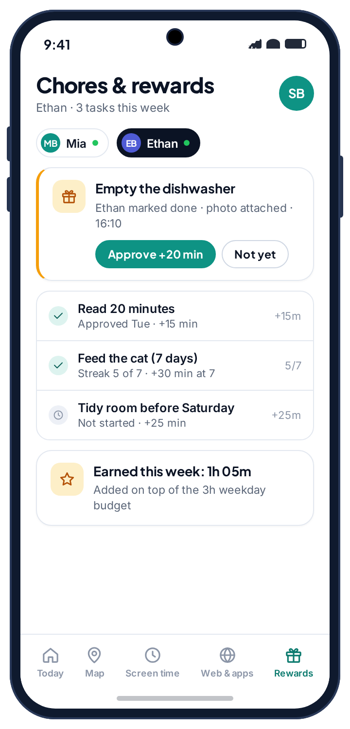 Chores and rewards screen with a task waiting for approval and minutes earned this week