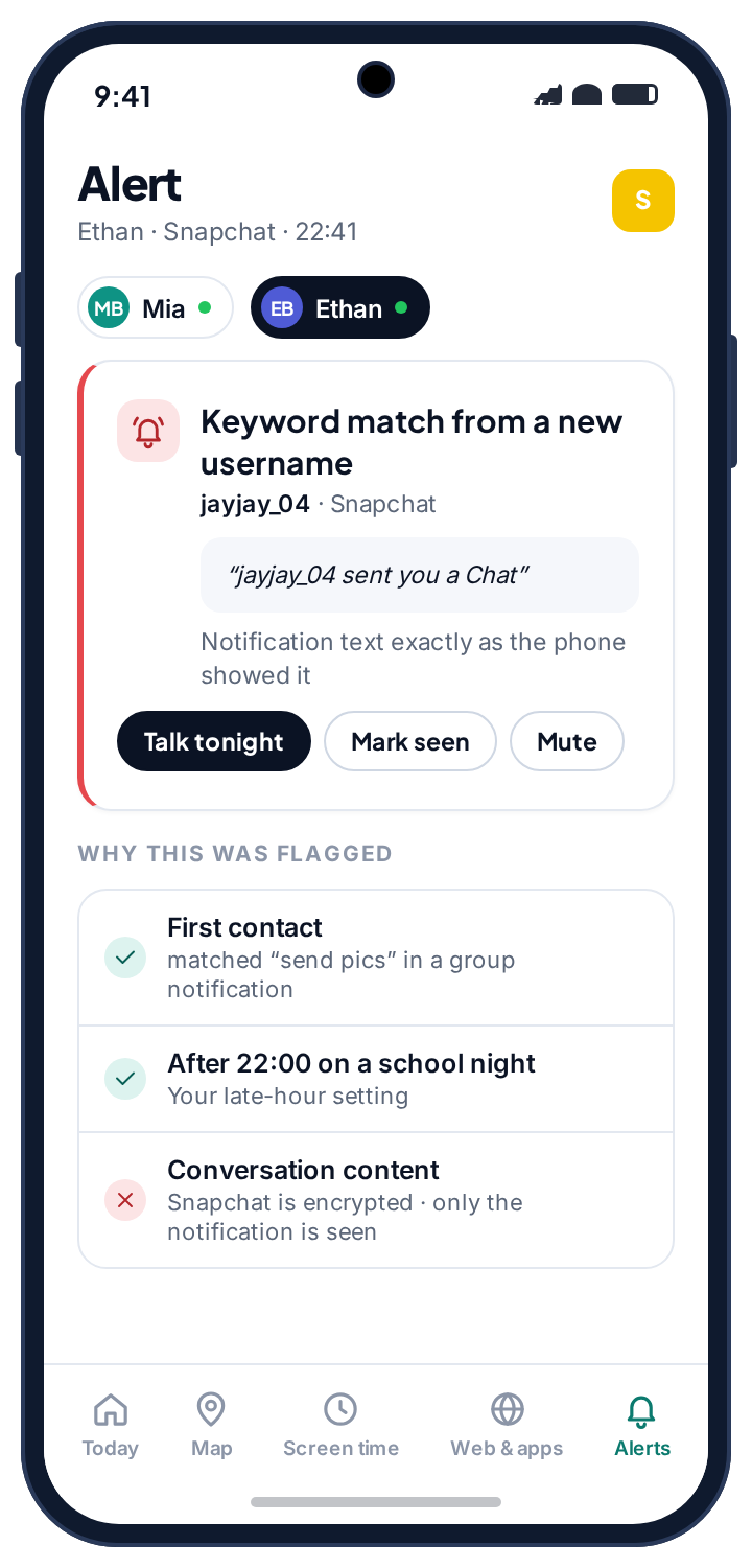 An alert for a keyword match from a new Snapchat username, with the notification text as shown and a note that the conversation is not seen