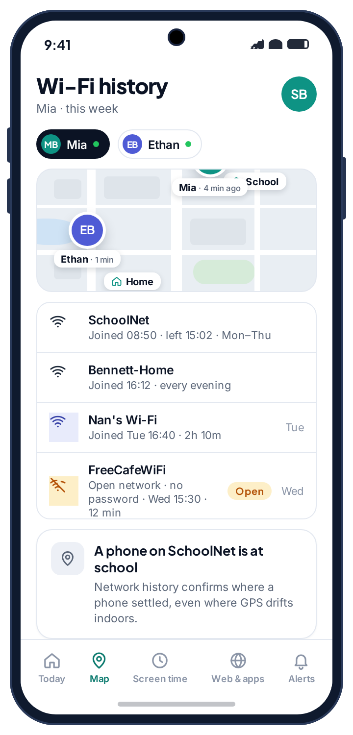 A week of Wi-Fi history: the school network by day, home in the evening, Nan’s on Tuesday, and one open café network flagged