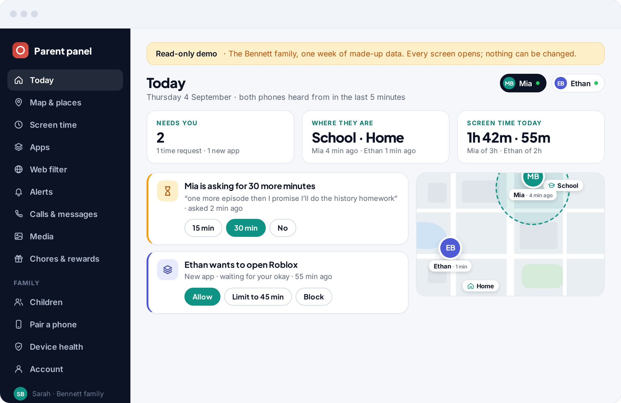 The demo panel with a read-only banner above the Today page