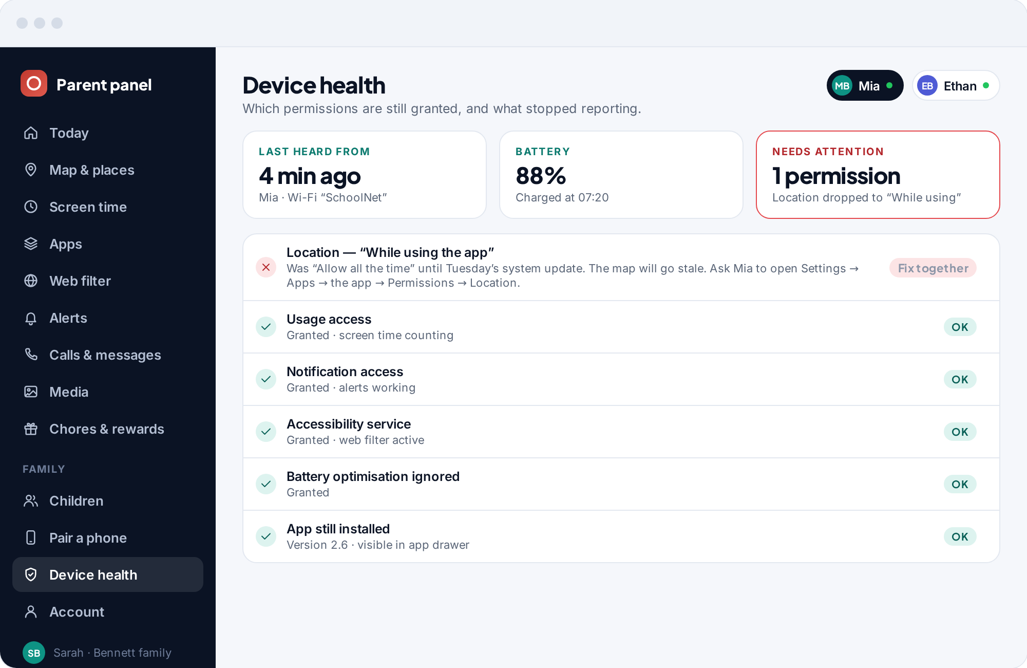 The Device health panel for a child’s phone, naming the service that stopped and offering a one-tap fix