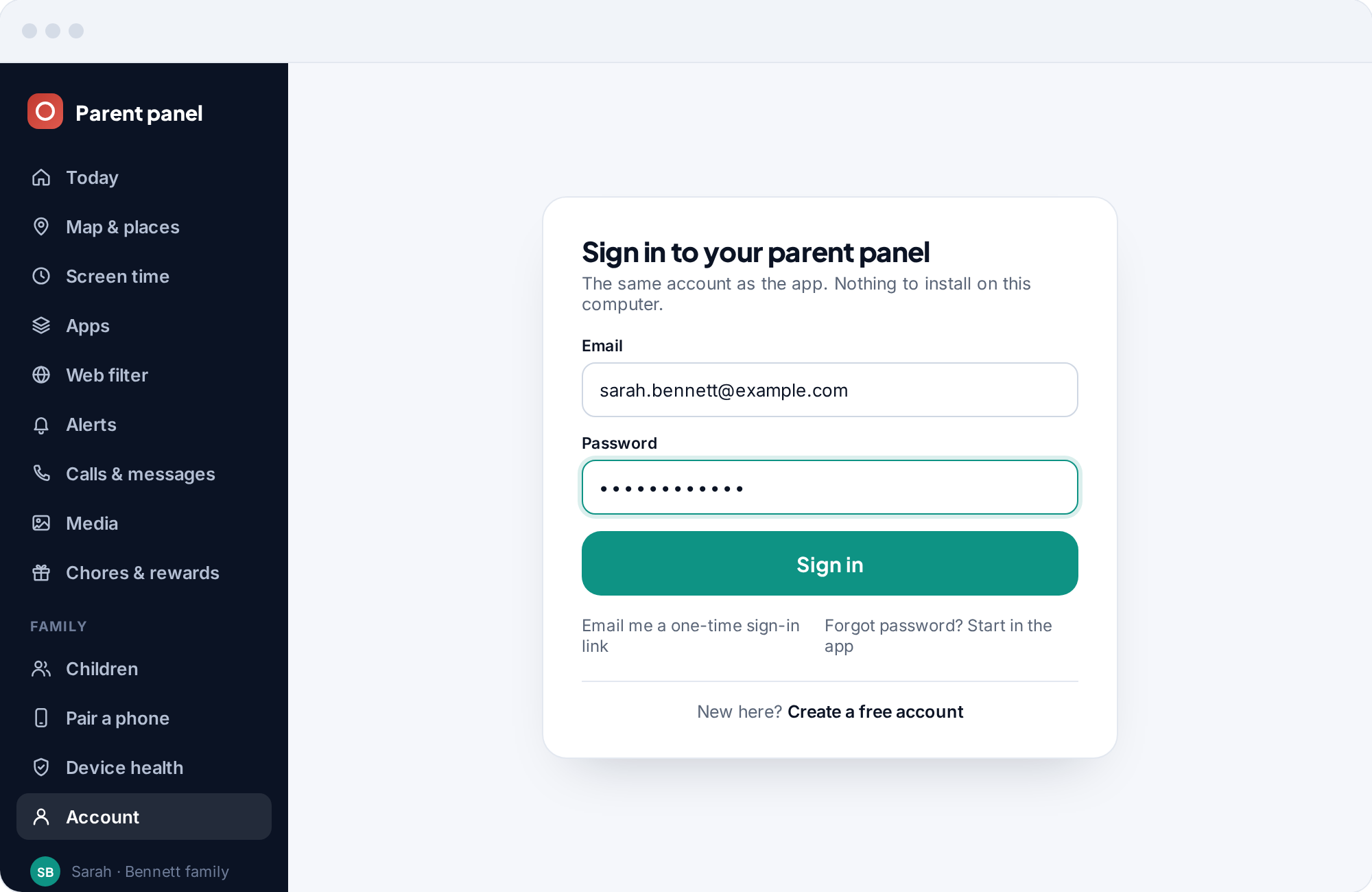 The parent panel sign-in form in a browser: email, password, a one-time sign-in link and a link to create an account