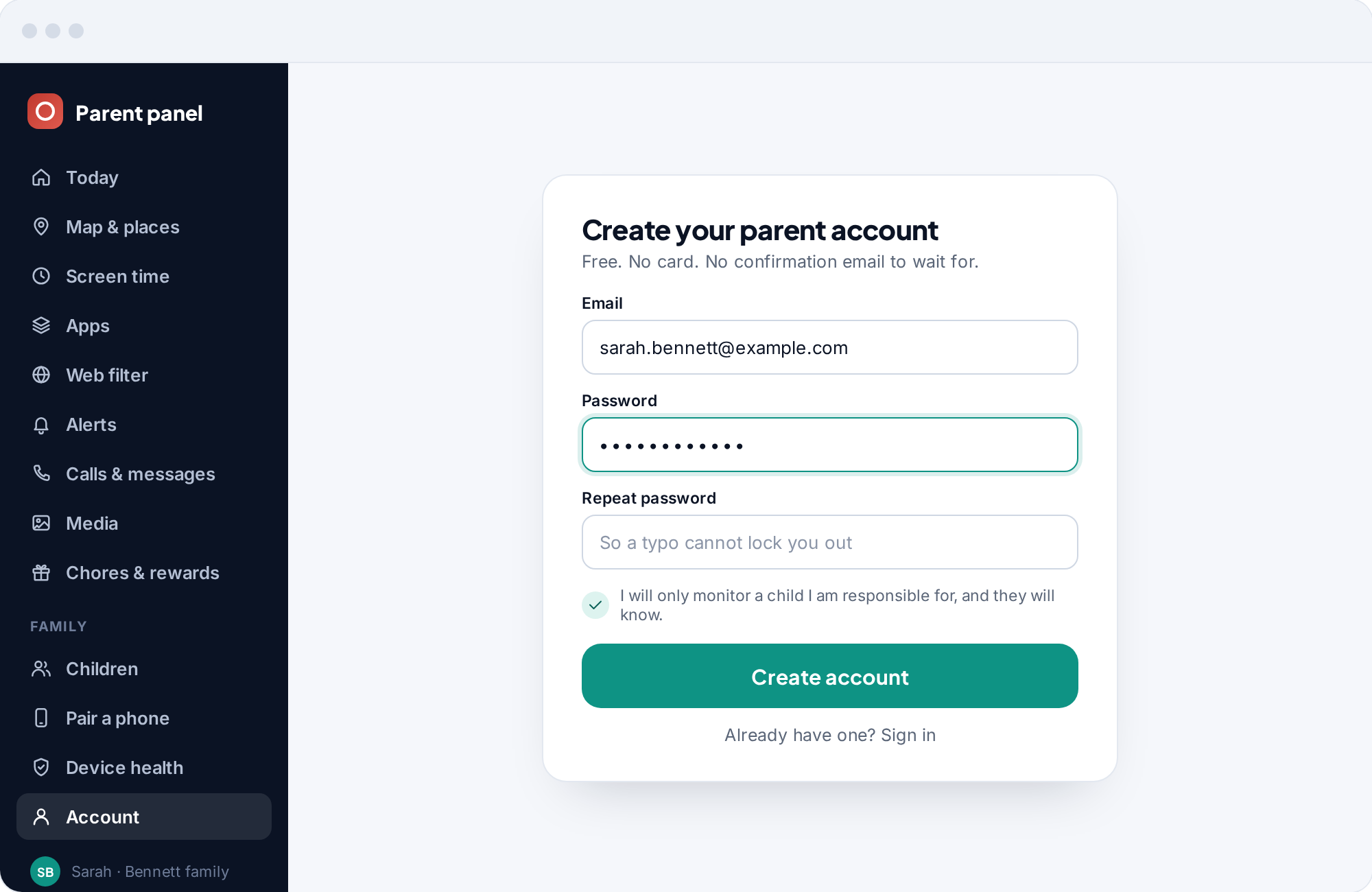 The Create your parent account form with email, password and repeat-password fields