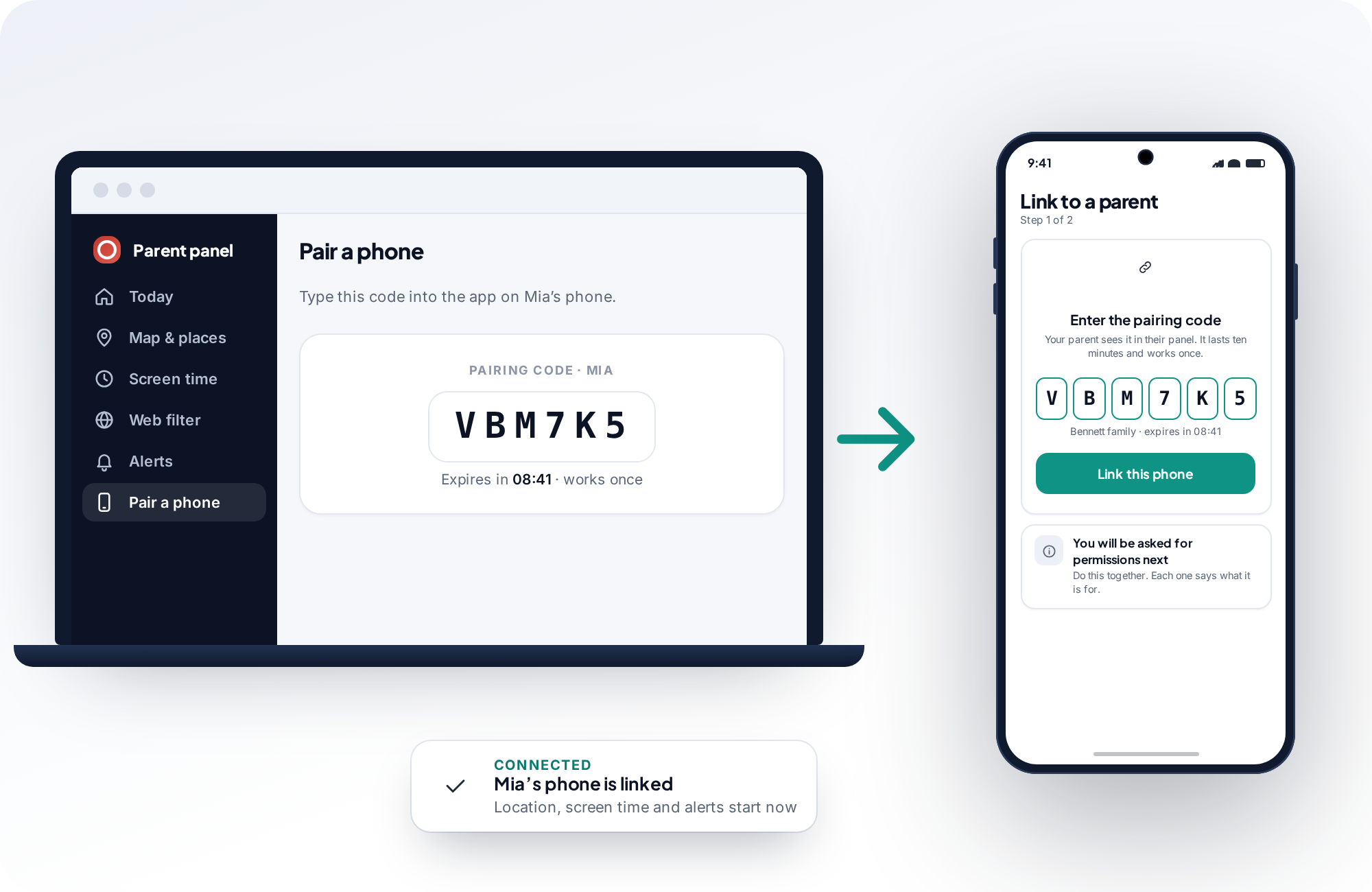 A laptop showing the pairing code VBM7K5 in the parent panel, an arrow, and the child’s phone with the same code typed in