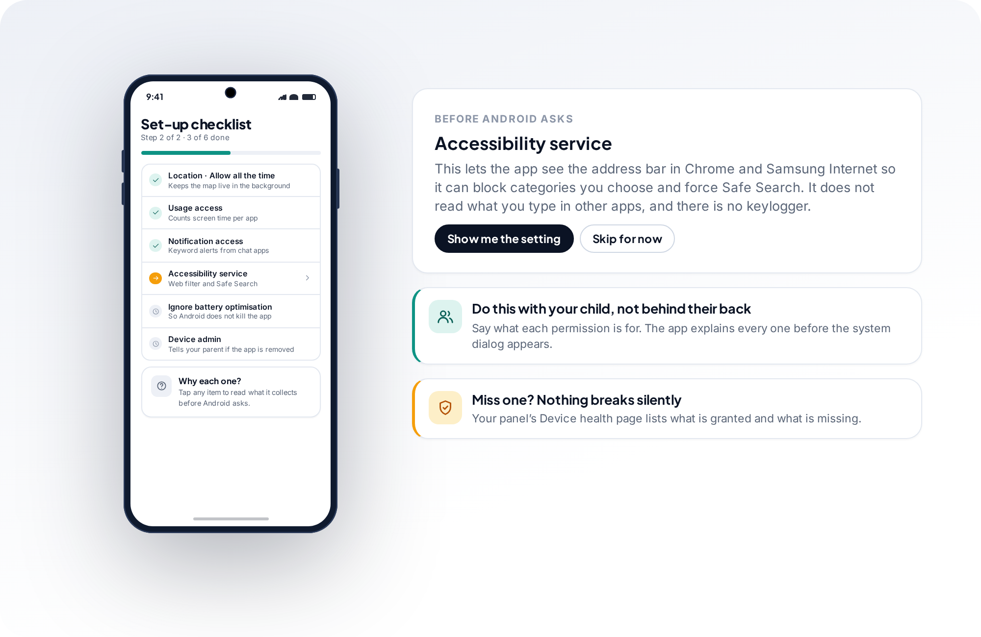 The set-up checklist on the child’s phone beside a plain-language explanation of the accessibility permission and a reminder to do this together