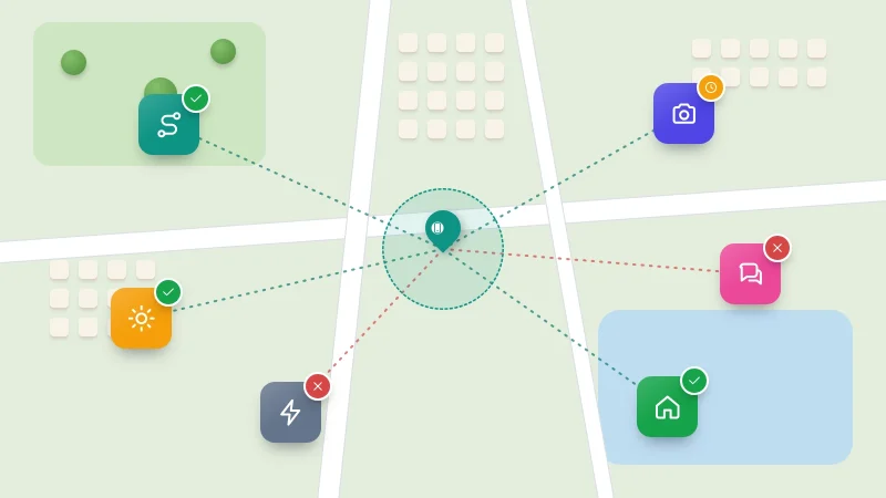 A town map with app icons linked to a phone's location pin, some marked with green ticks and others with red crosses
