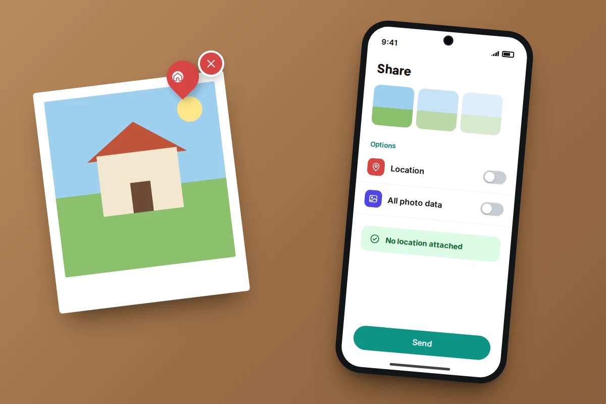 A printed photo of a house with its map pin crossed out, next to a phone share screen with location switched off