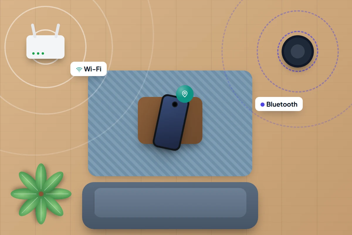 A living room seen from above with a router and a speaker giving off signal rings that reach a phone on the coffee table