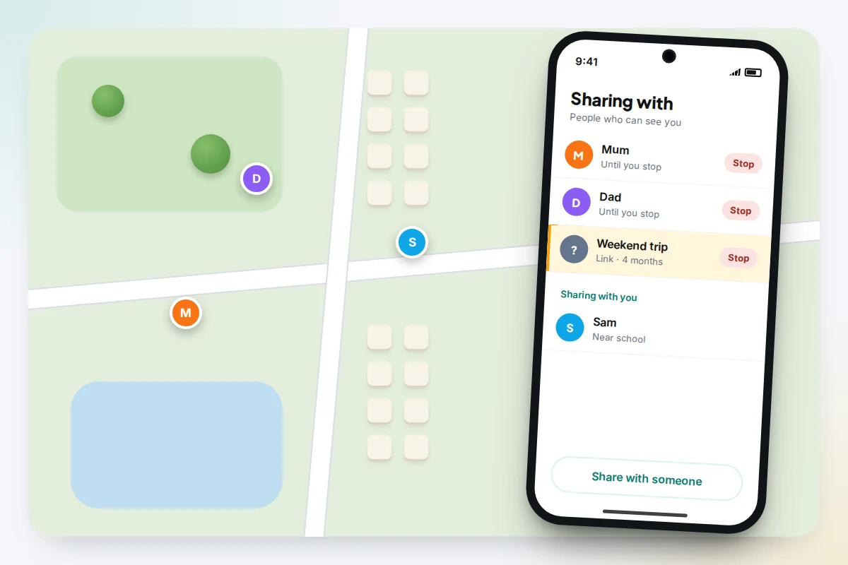 A town map with three family avatars, and a phone listing people who can see its location with stop buttons