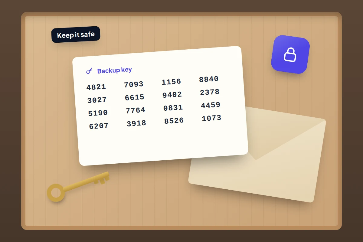 A printed card of sixteen four-digit groups in a wooden drawer, with an envelope, a brass key and a padlock icon