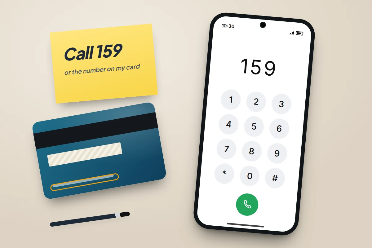 Back of a bank card beside a sticky note reading Call 159 and a phone with 159 typed into the dialler
