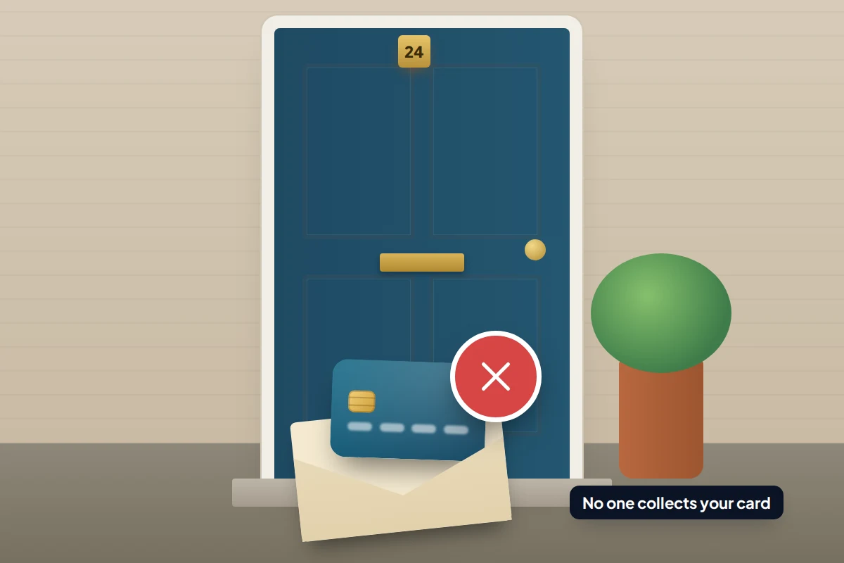Front door with an envelope and bank card on the doorstep, crossed out with a red badge