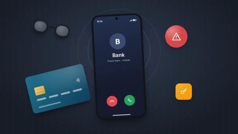 Phone on a dark table showing an incoming call from Bank's fraud team, beside a bank card, glasses and a red warning badge
