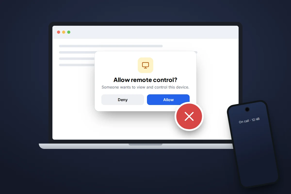 Laptop showing an Allow remote control? dialog with a red cross by the Allow button, beside a phone still on a call