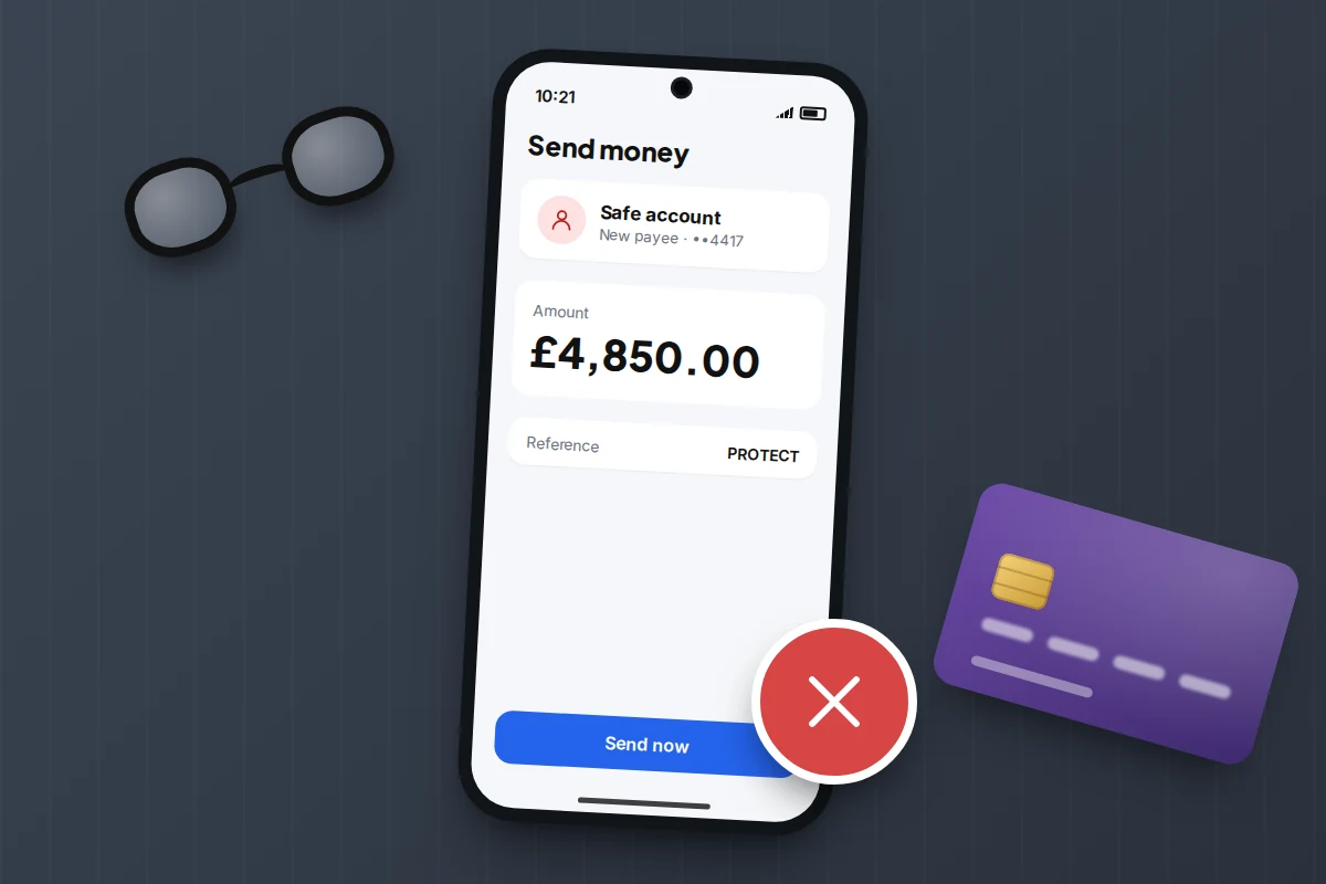 Phone showing a £4,850 transfer to a new payee called Safe account with the reference PROTECT, and a red cross by Send now