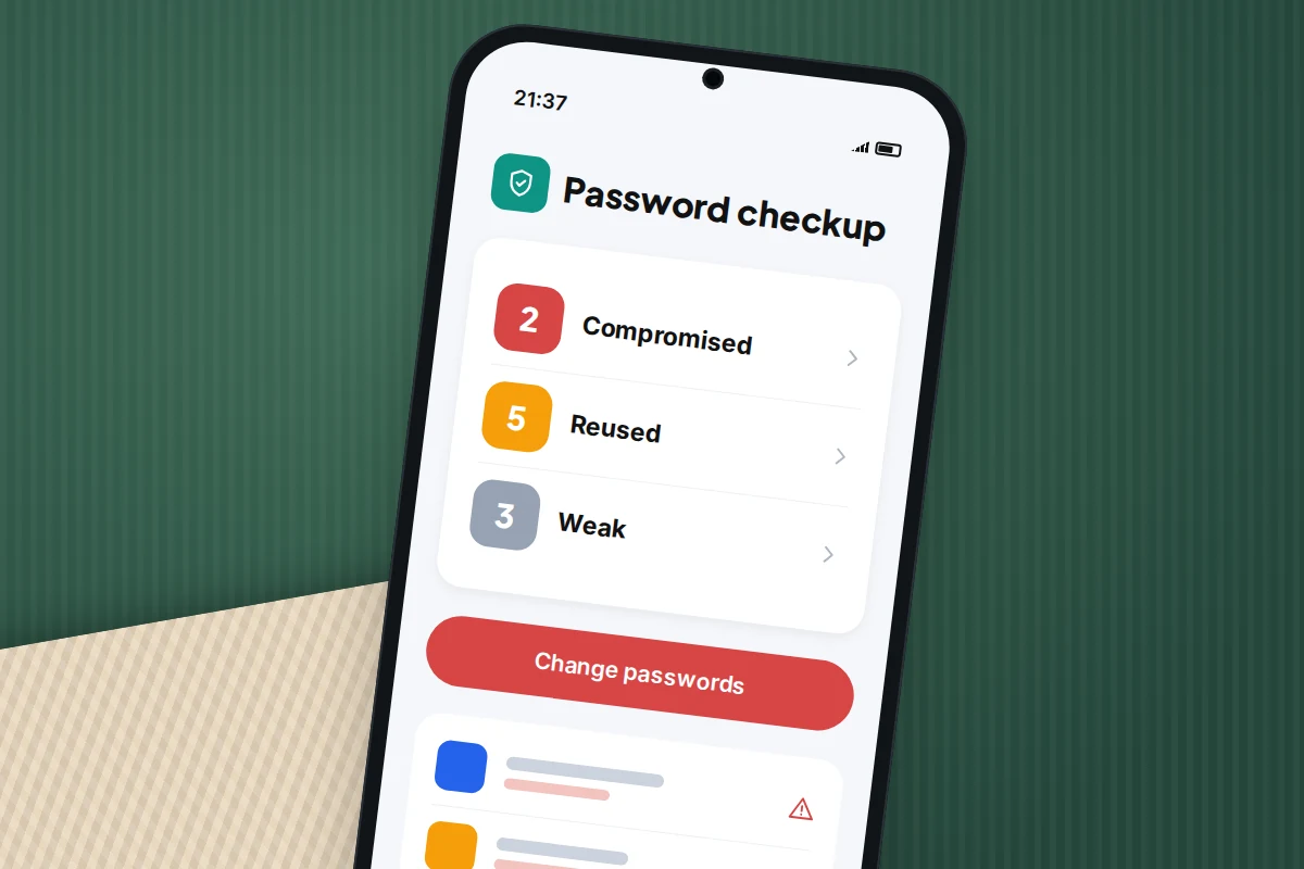 Close-up of a phone screen showing a password checkup with two compromised, five reused and three weak passwords