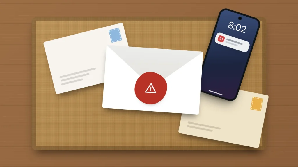 Envelopes on a doormat, one sealed with a red warning seal, beside a phone showing a new email notification