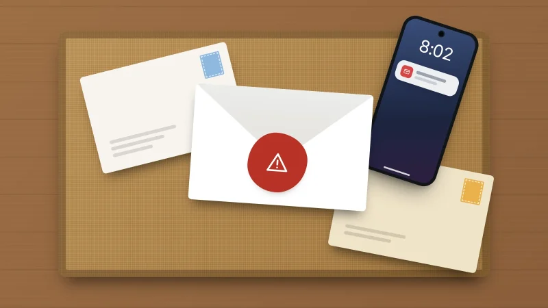 Envelopes on a doormat, one sealed with a red warning seal, beside a phone showing a new email notification