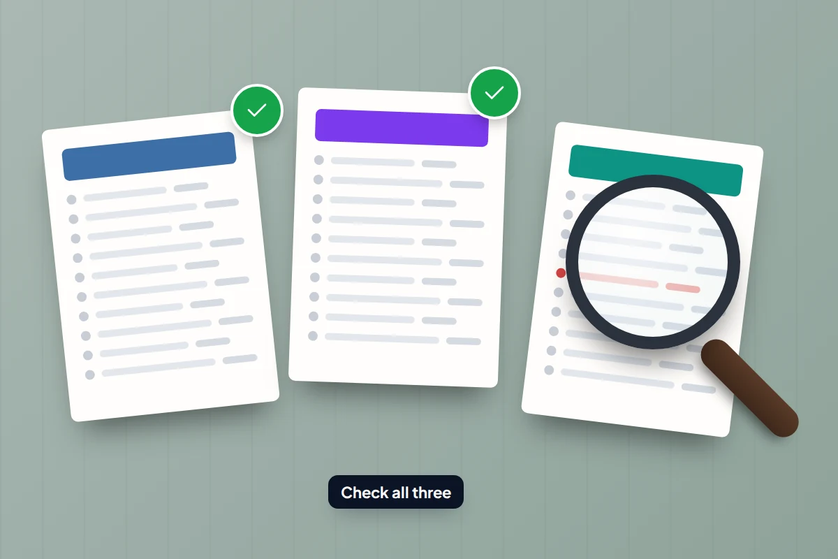 Three paper credit reports on a table, two ticked and the third under a magnifying glass showing one red entry