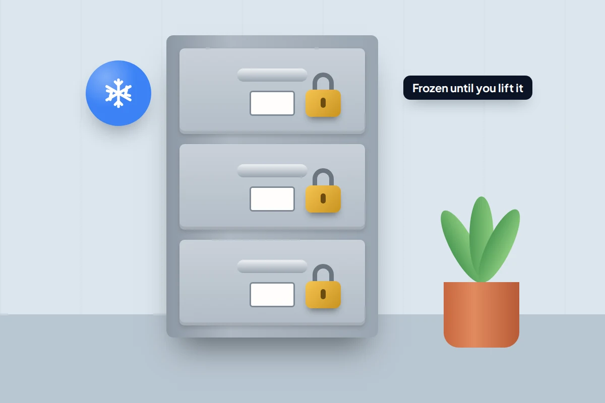 Grey filing cabinet with three drawers, each closed with a padlock, beside a snowflake icon and a potted plant