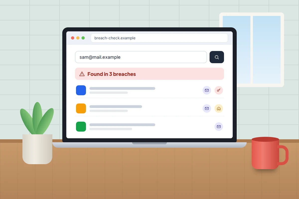Laptop in a kitchen showing an email address found in three breaches, each with icons for the kind of data taken