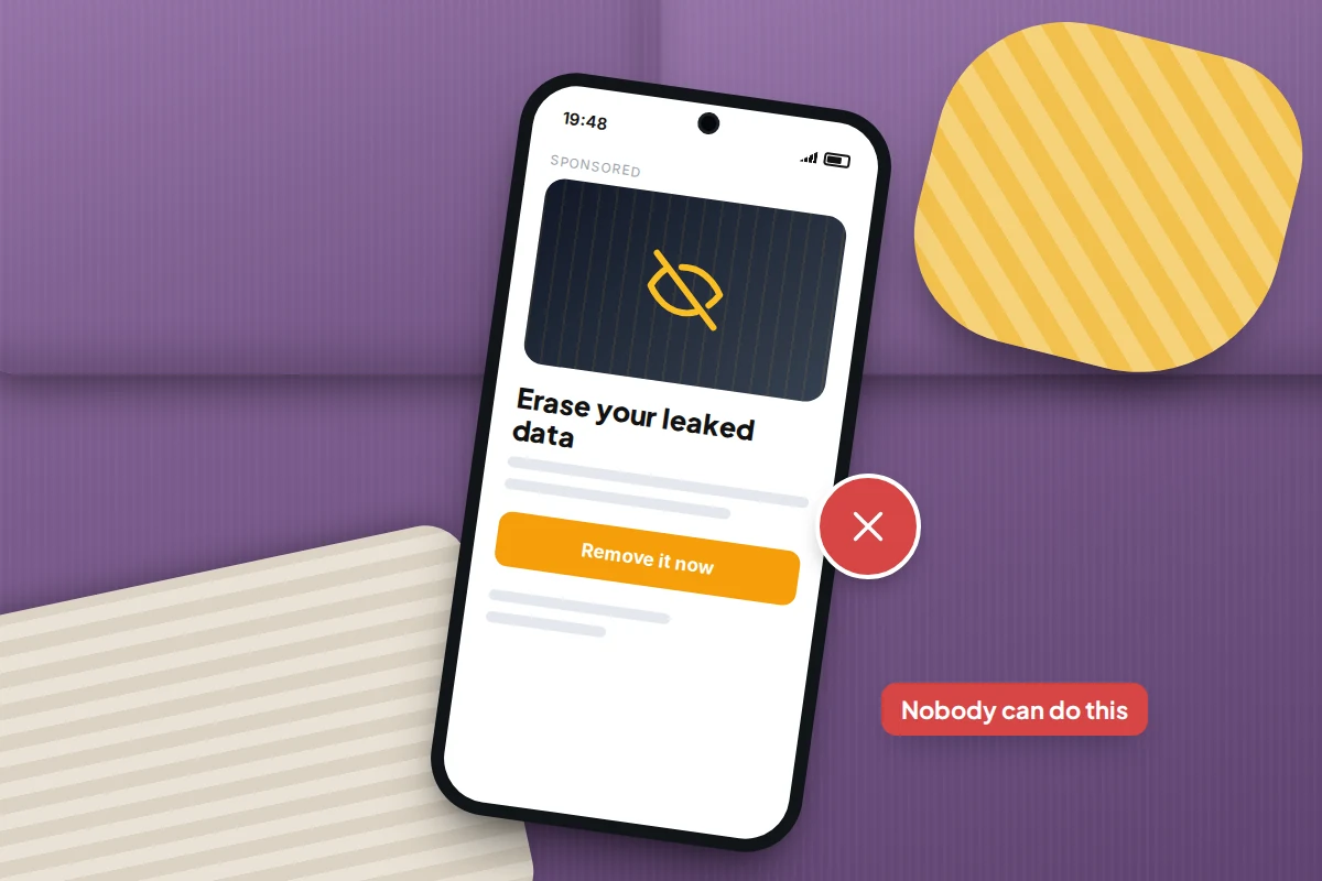 Phone on a sofa showing a sponsored ad offering to erase leaked data, next to a red cross badge