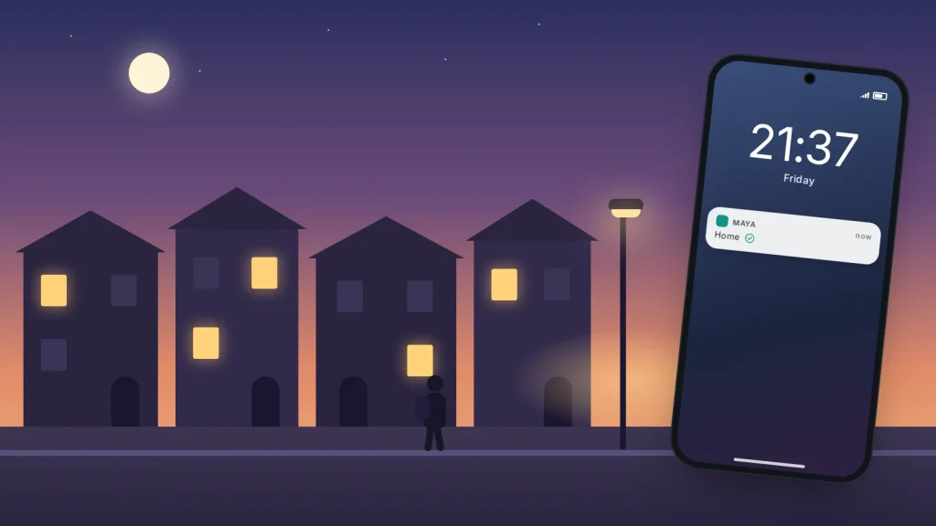 Evening street of terraced houses with lit windows and a lone walker, and a phone showing a message that simply says home