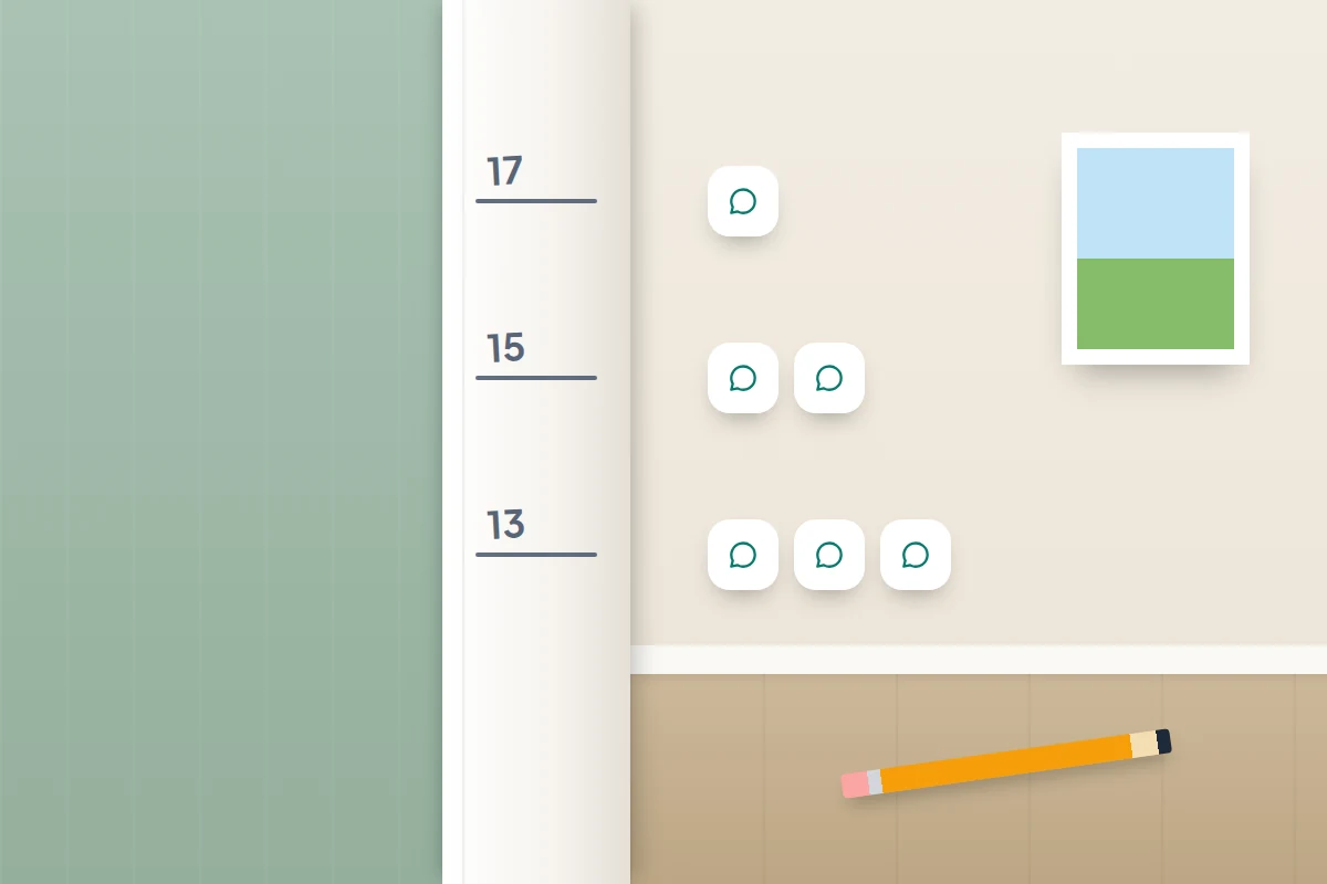 Painted door frame with pencil height marks at ages 13, 15 and 17, each beside fewer small message icons