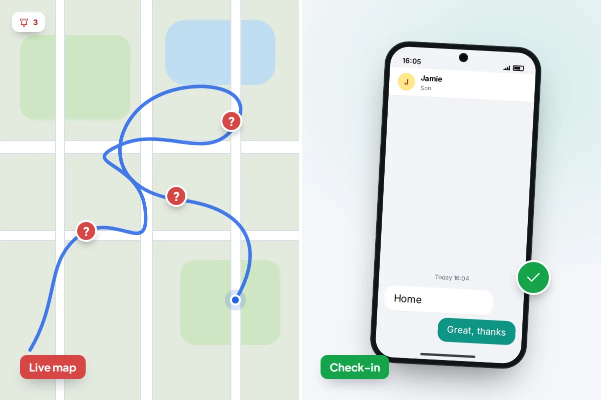 Split image: a busy map with a looping trail and alert badges beside a calm phone showing one message saying home