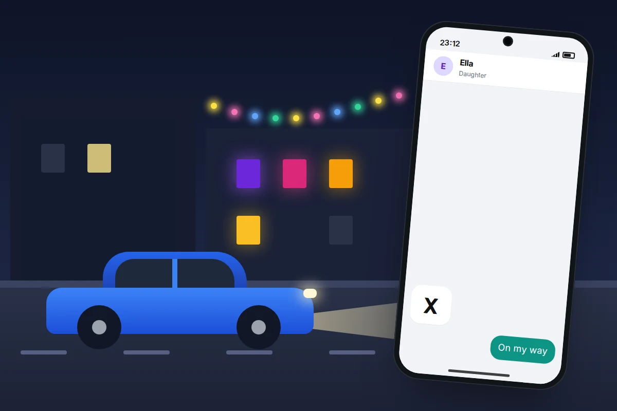 Night street with a parked car, its headlights on, and a phone showing a message with the letter X and the reply On my way