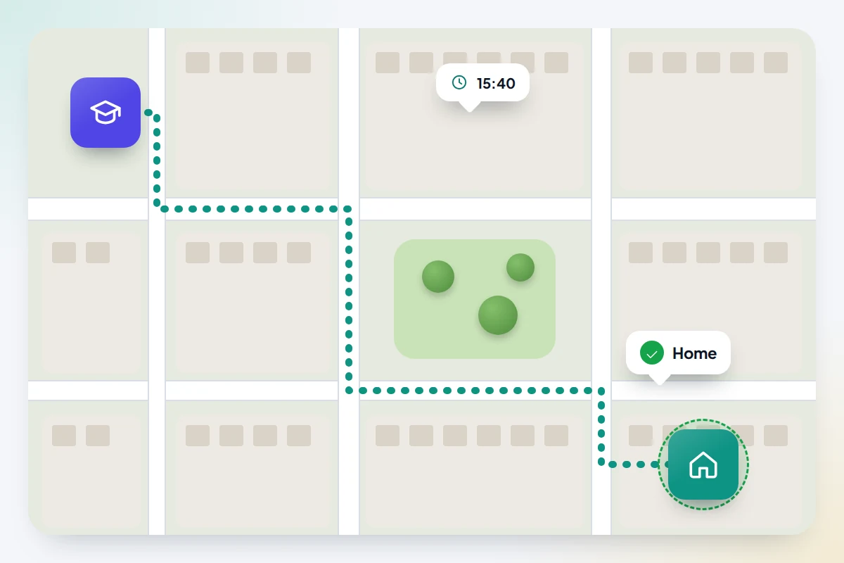 Street map with a dotted walking route from a school to a house, and a message bubble at the house saying home with a tick