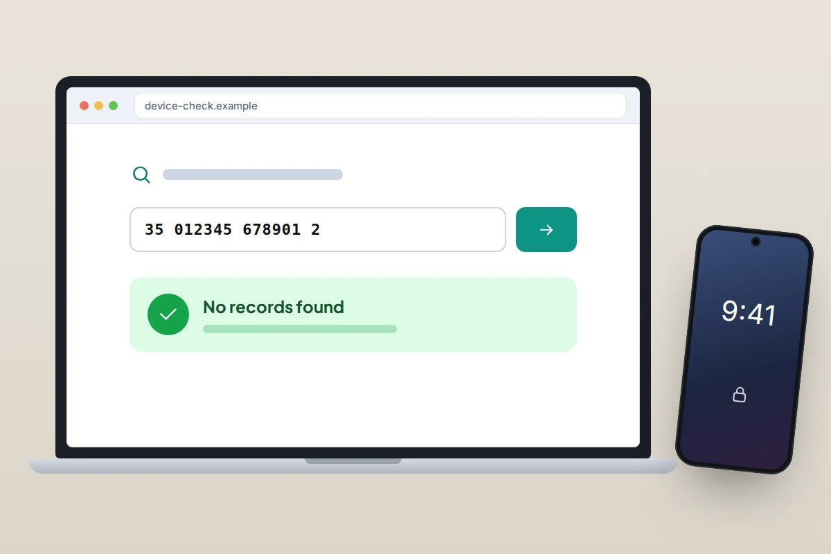 A laptop showing a generic device check website with an IMEI field and a green no records found result