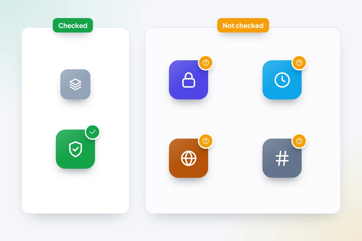 Two panels of icons: a reported-stolen shield ticked, and account lock, recent theft, coverage and IMEI icons with question marks