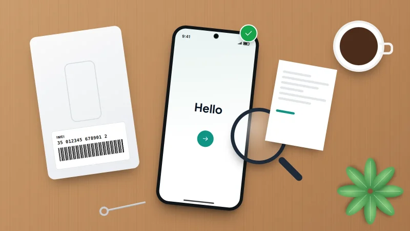 A phone on a setup screen next to its box with an IMEI label, a receipt and a magnifying glass on a wooden desk