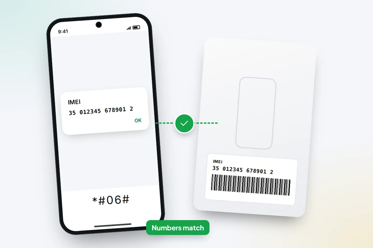 A phone showing a placeholder IMEI next to a phone box whose barcode label shows the same number, with a green tick between them