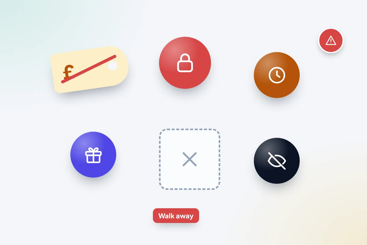 A set of warning icons: a slashed price tag, a missing box, a padlock, a clock and a gift card, arranged on a soft background