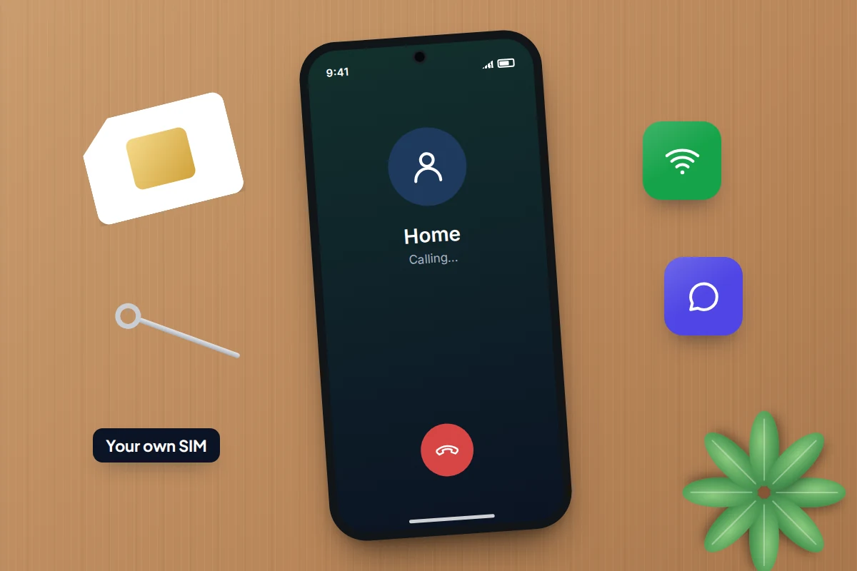 A phone on a wooden desk making a test call, with a SIM card and SIM tool beside it