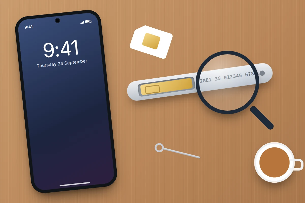 An ejected SIM tray and a SIM tool lying next to a phone on a desk, with a magnifier over the tray