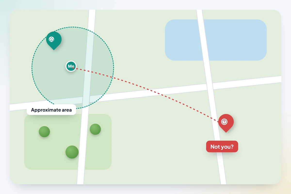 A map with a home pin, a nearby shaded area for the family phone and a distant pin marked with a question mark