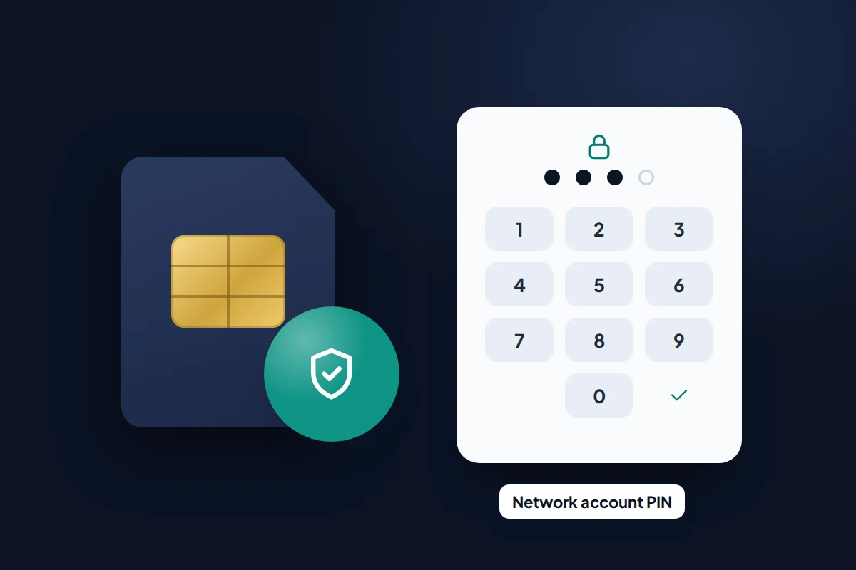 A shield badge over a SIM card beside a PIN keypad, representing a password on a mobile network account