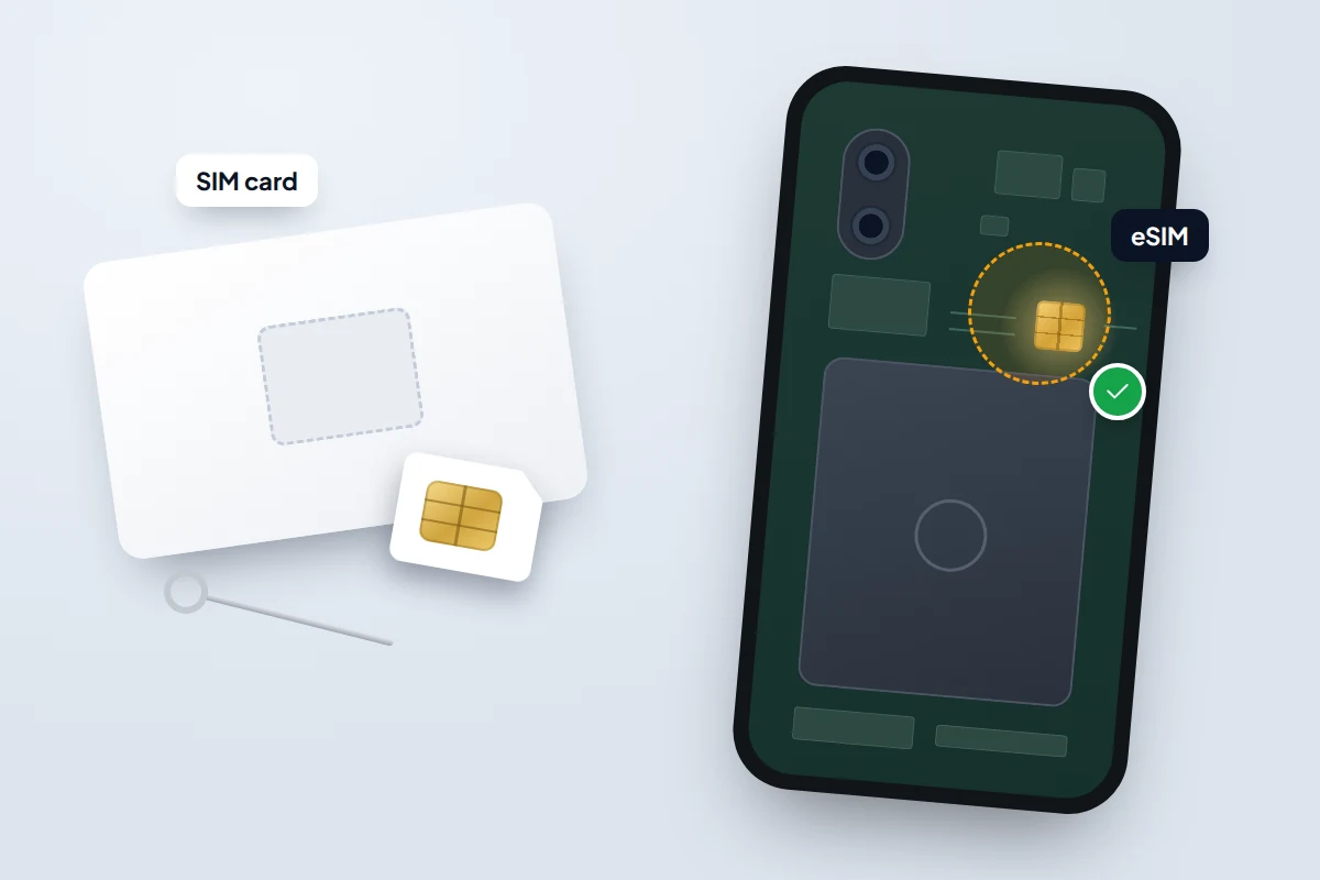 A plastic SIM card with its punched-out frame next to a phone cutaway showing a tiny built-in eSIM chip