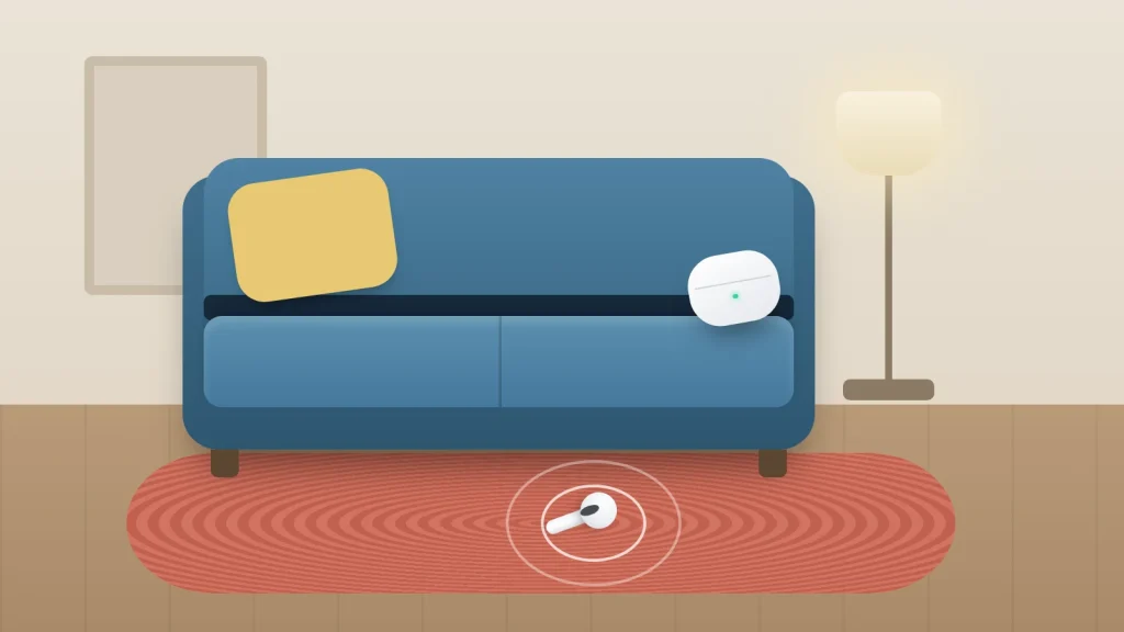 A living room with a blue sofa, an earbud case on the seat and a single earbud on the rug giving off sound waves