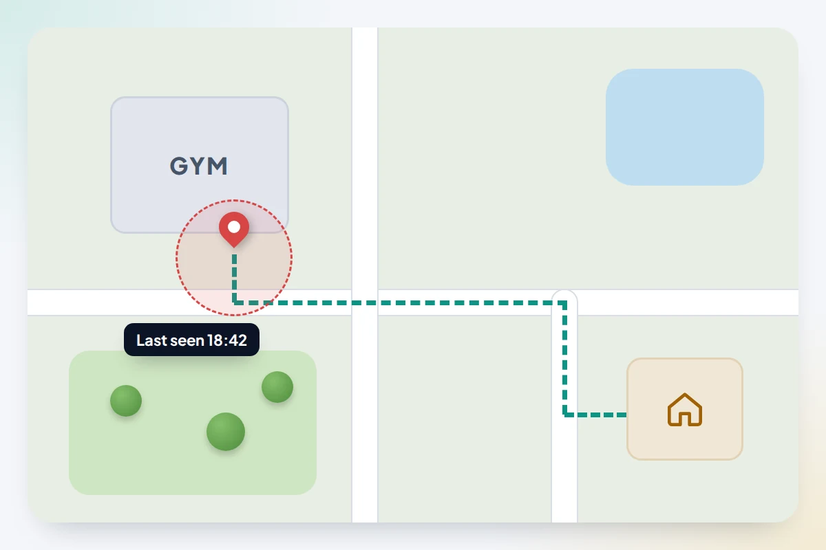 A street map with a pin marking where earbuds were last seen outside a gym, and a dotted route back home