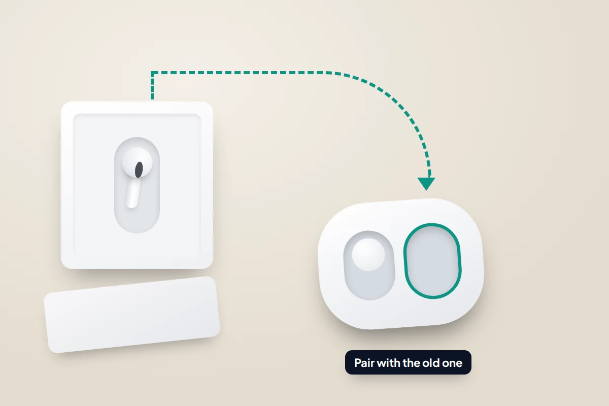 A single new earbud in its box, with an arrow to the empty slot of an open charging case that holds the other bud