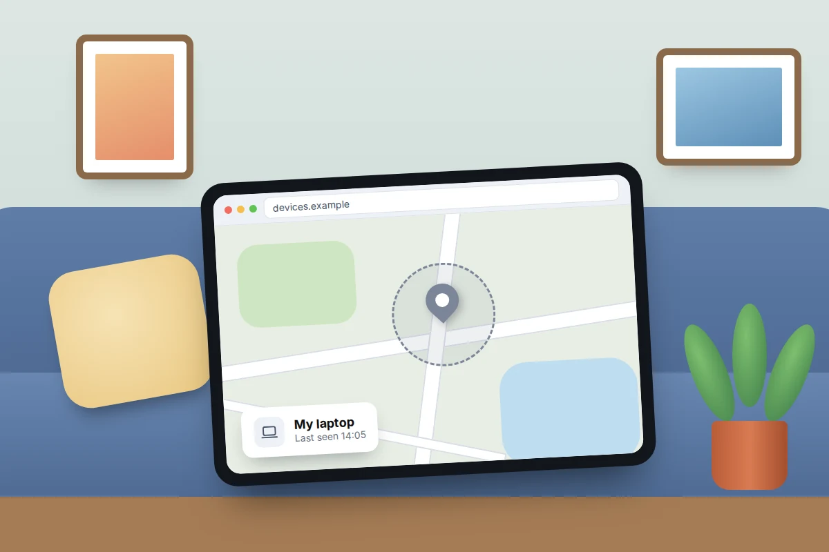 A tablet propped on a sofa showing a browser map with a grey pin and a card reading My laptop, last seen 14:05