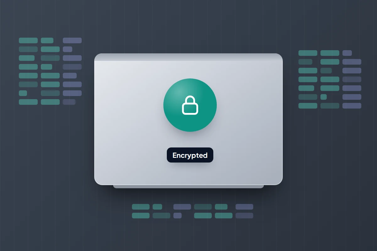 A closed laptop seen from above with a padlock badge and an Encrypted label, surrounded by scrambled blocks of data